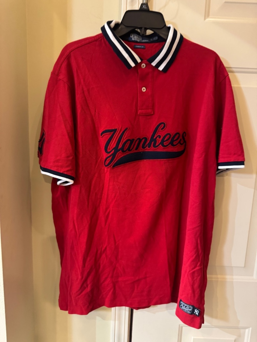 Ralph Lauren Red Yankees Script Polo with Navy Trim XL**